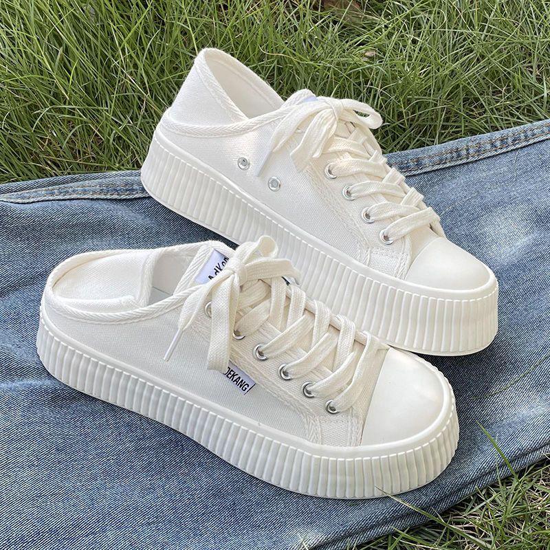 One Shoe and Two White Shoes for Women In 2025 Summer, Thin Thick-soled Heightening Canvas Shoes, Versatile Student Biscuit Shoes