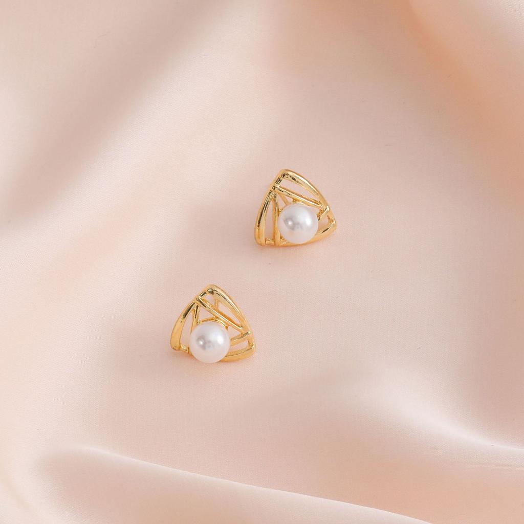 Geometric Triangle Stud Earrings with Pearl Accent and Embedded Crystals Lightweight Vintage Style Fashion Jewelry for Women