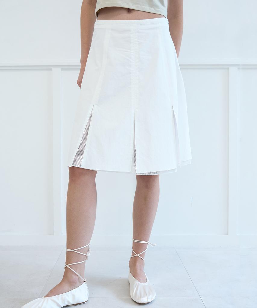 Nuacle Mesh Pleated Midi Skirt_White
