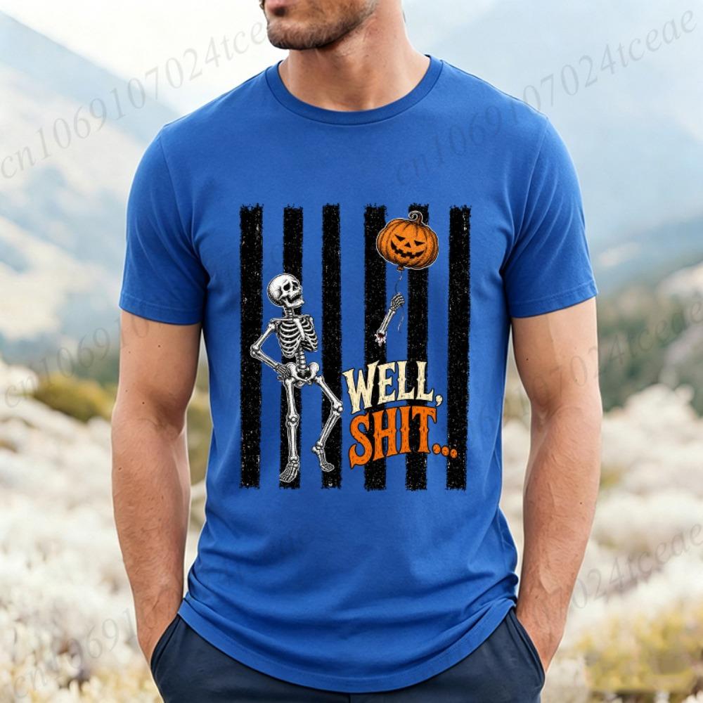 Skeleton Lost Balloon Print Men's T-Shirts Well Shit Funny Skeleton Shirts Dark Humor Halloween Design T-Shirts Gothic Tees Gift