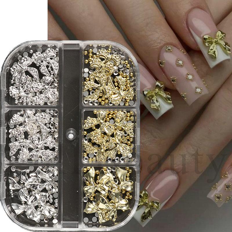 1pc of 6-compartment metal bow rhinestone and steel bead 3D nail art, nail decoration, holiday gift.