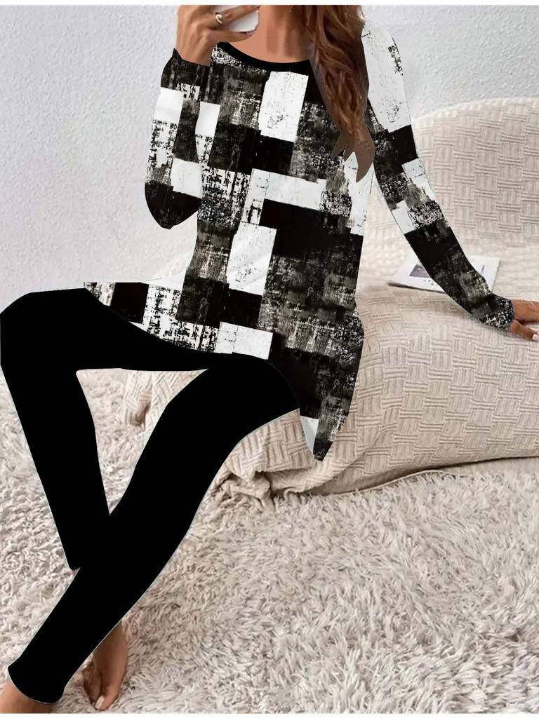 Euroamerikanische Mode 3D-gedrucktes Damen Vier-Jahreszeiten Langarm-T-Shirt + Lange Hose Zweiteiler. Perfektes Geschenk für Neujahr & Weihnachten