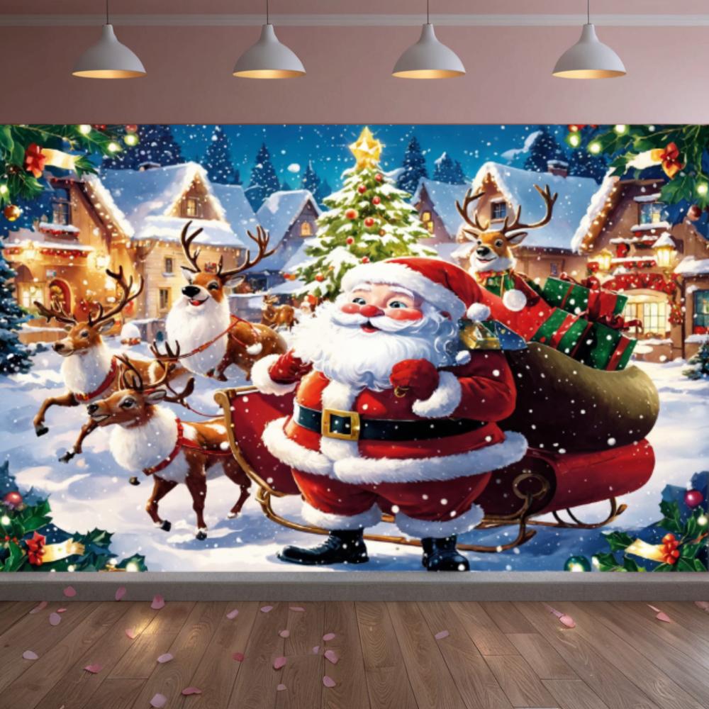Christmas Banner Santa Sleigh Deer Large Merry Christmas Banner Backdrop Hanging Banner for Indoor Outdoor Party Decorat