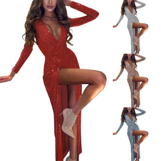 Lady Dress Jednolity kolor Jednolity kolor Głęboki dekolt w szpic Seksowna sukienka imprezowa dla klubu