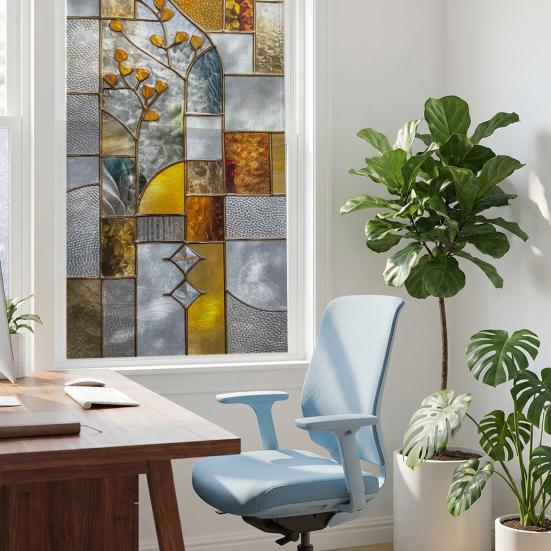 Window Privacy Film Static Window Clings Decorative Plants Butterflies Non-Adhesive Sticker Sun Blocking