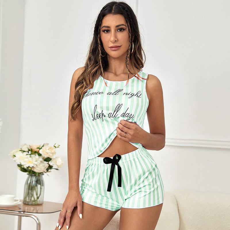 Women Summer Two Pieces Shorts Girls Elastic Pajamas of Sleeveless Thin Striped Vest Homewear with O-Neck Letter  Slim Fitting