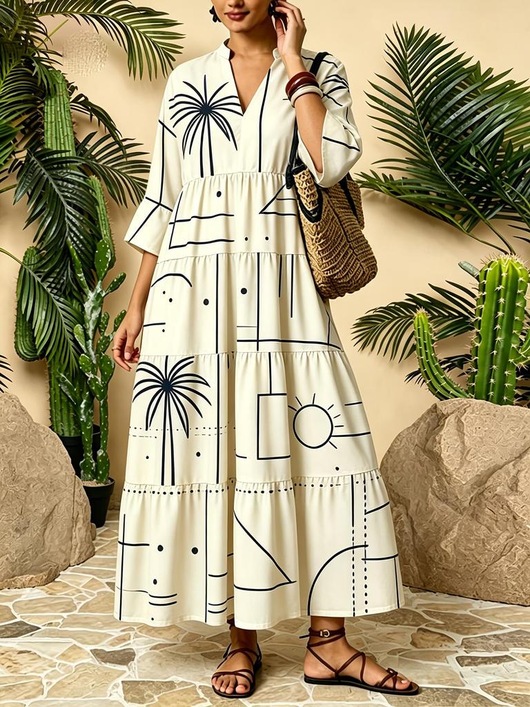 Plus Size Bohemian V-neck Long Dress - Spring/Summer European American Ethnic Style