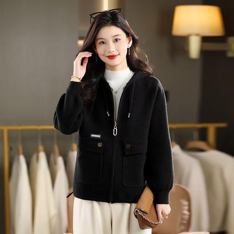 Women's Short Wool Hooded Zip Cardigan Coat - Fall/Winter Fashion Sweater Top