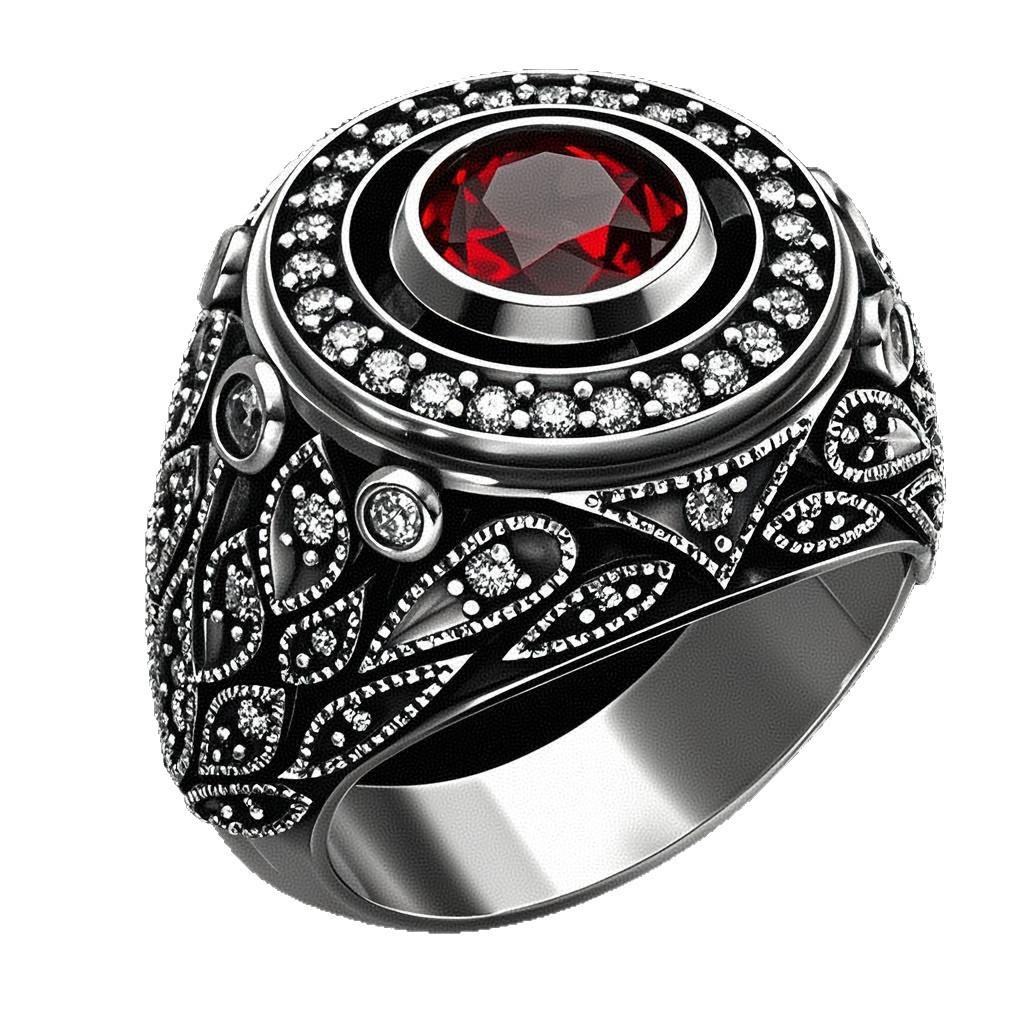 New Men's Silver Ring with Ruby and Diamond Accents
