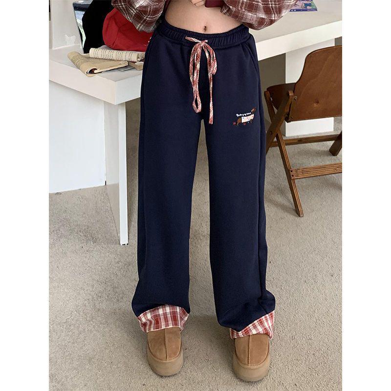 Kids' Retro American Wide-Leg Plaid Sweatpants - Women's Spring Straight-Leg Spliced Style