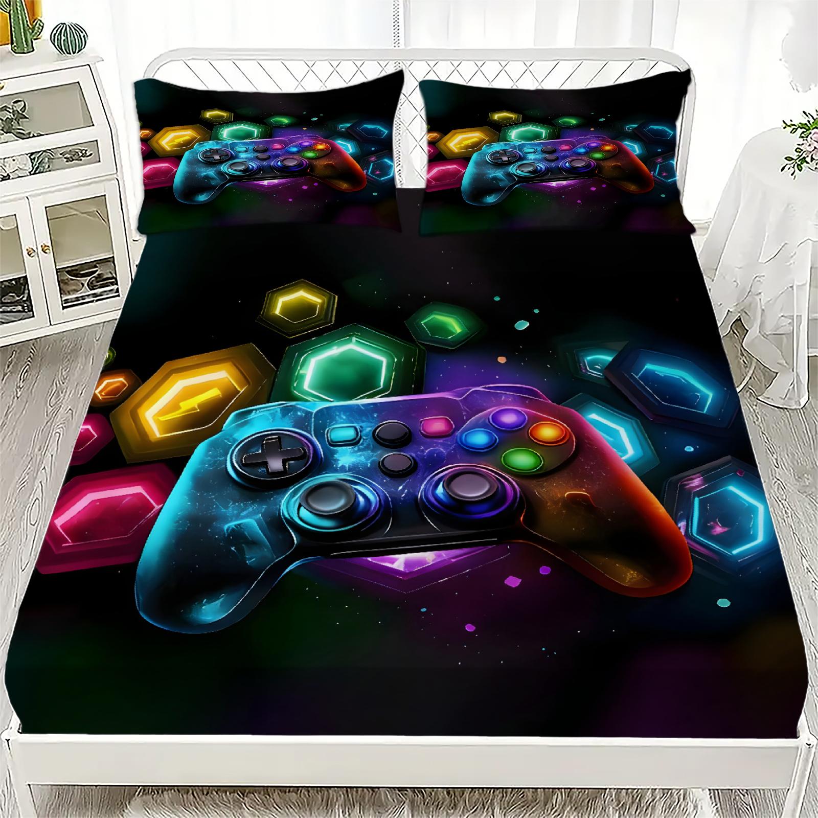 

3PCS Neon Graffiti Gaming Controller Fitted Sheet Flat Sheet Set Vibrant Gaming Bed for Teen Boys Queen Size Trendy Room Decor 200x220x25cm