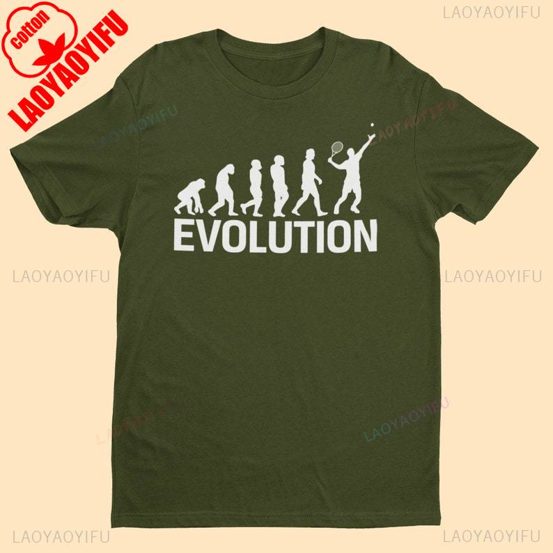Evolution Of Tennis T Shirt from ape through prehistoric man to tennis player serving