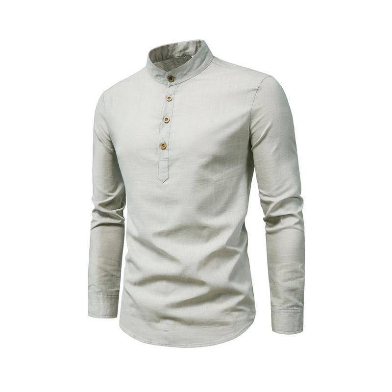 2026 Men s Fashion Slim Fit Casual Long-Sleeve Shirt with Stand-Up Collar, Cotton-Linen Blend M серый