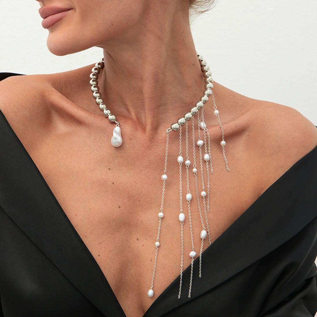 

Ingemark Sexy Goth Imitation Pearl Tassels Open Torques Choker Necklace Women Unique Trendy CCB Beads Collarbone Chain Jewelry