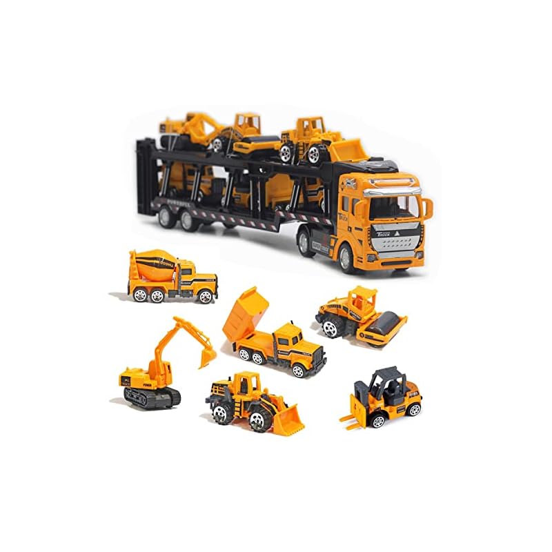 Carecoly Construction Vehicle Set, 6 Mini Cars and 1 Storage Vehicle, Toy Cars, Work Vehicles, Construction Vehicles, Indoor Play, Birthday Gift,