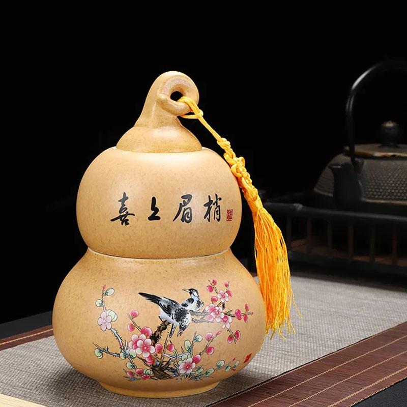 Gourd Shaped Double-layer Tea Caddy Ceramic Tea Storage Tank Non Woven Cover Sealed Tea Can Porcelain Ornaments Nut Storage Pot