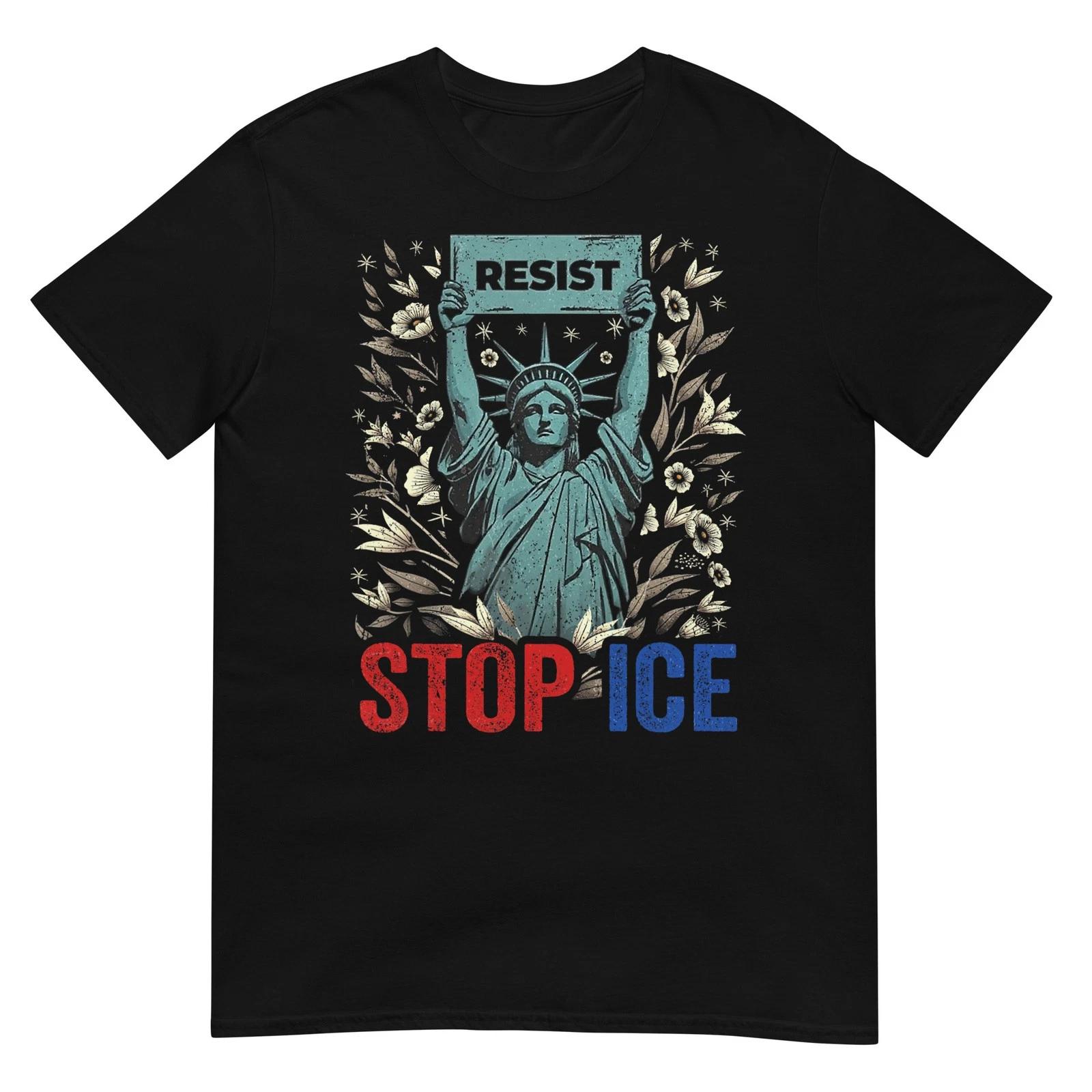 Stop ICE Funny Statue of Liberty Boho Floral Resist Retro T-Shirt S