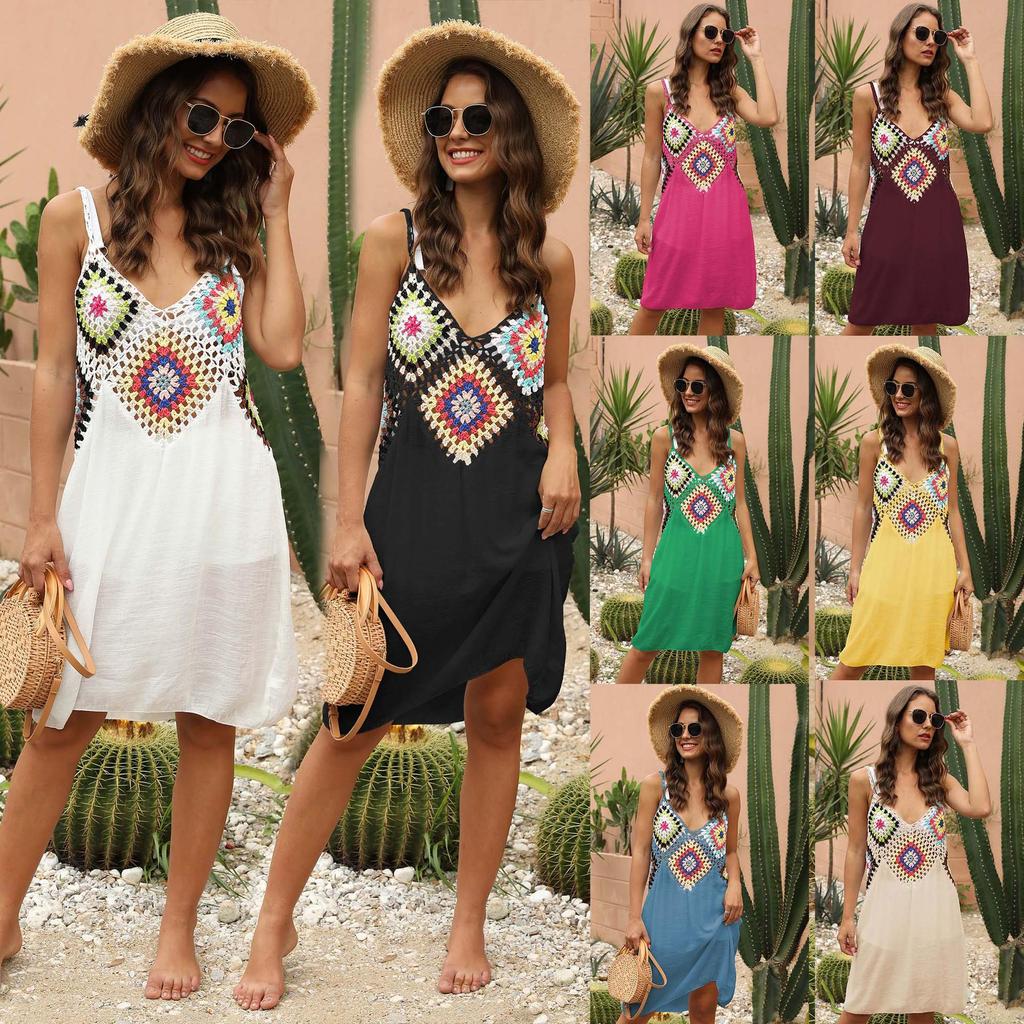 Women's Hand-Crocheted Flower Patchwork Sleeveless Beach Cover-up Dress