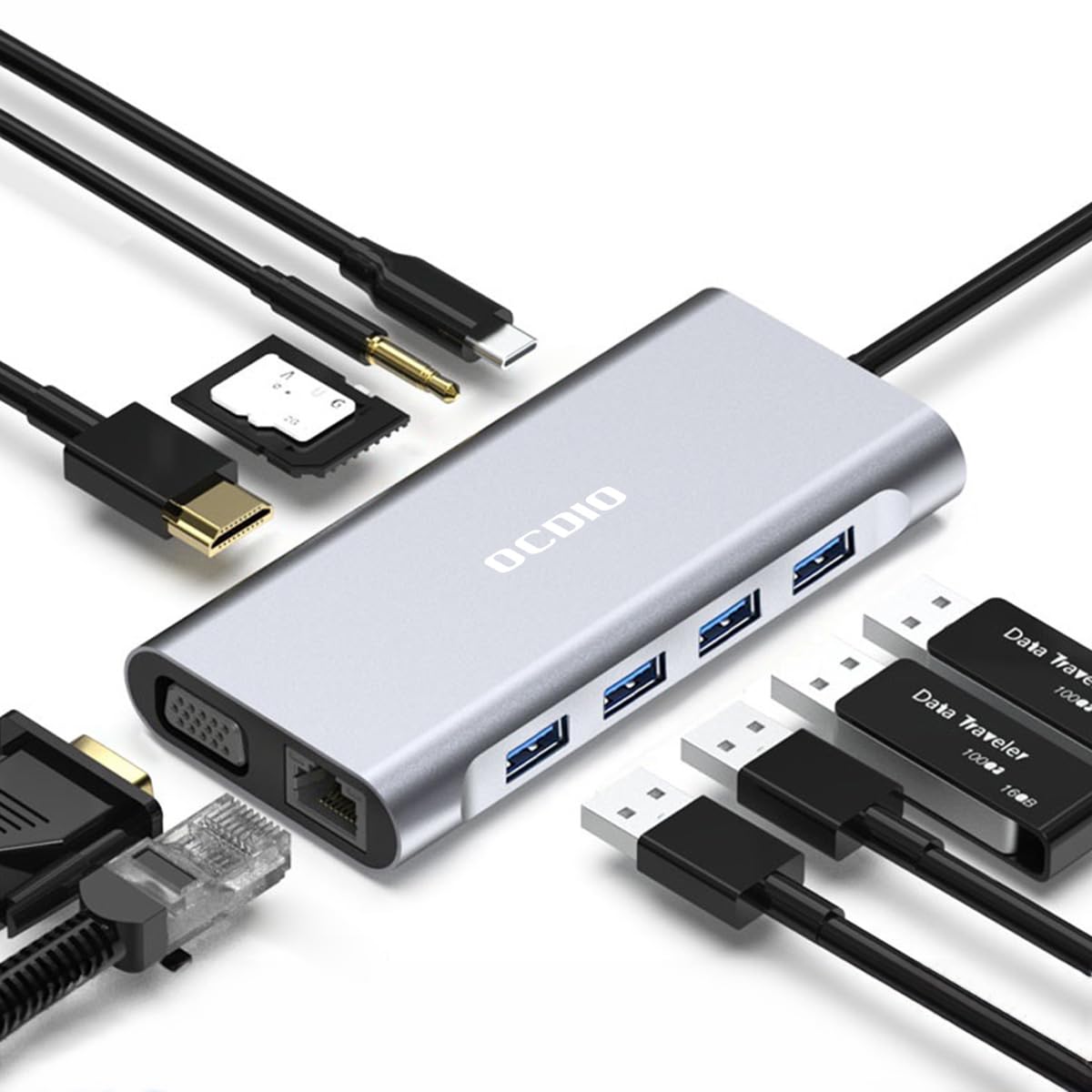 

OCDIO Hub 11in1 Type C Hub Docking Station Conversion Adapter x 4 100W PD Fast Charging HDMI Output LAN Port VGA Output Micro Card Slot Slim Design