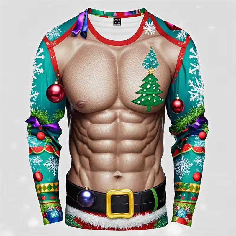 Funny Ugly Santa Claus Fake Muscles 3D Print T-shirts Xmas Men Women Long Sleeve Tees Fashion Oversized Christmas Men's Clothing