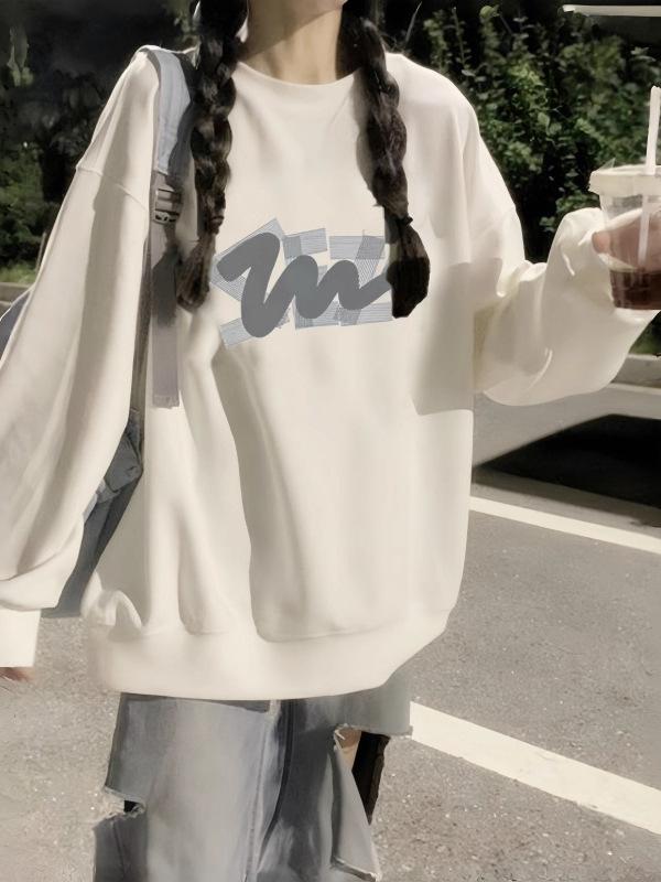 Women's Fleece-Lined Crew Neck Sweatshirt, Long Sleeve, Thin & Loose, for Spring and Autumn, Junior & High School Students, No Hood.