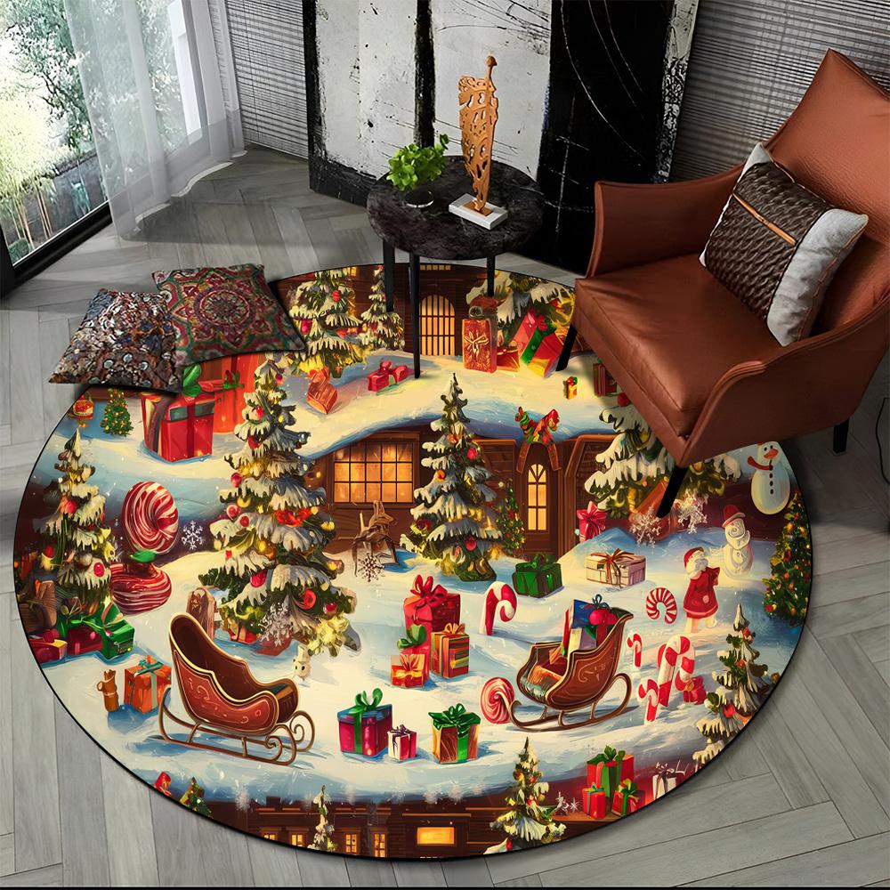 Cartoon Santa Claus Merry Christmas Snowman New Year Round Carpet Rug for Bedroom Living Room Sofa Decoration,Decor Floor Mat