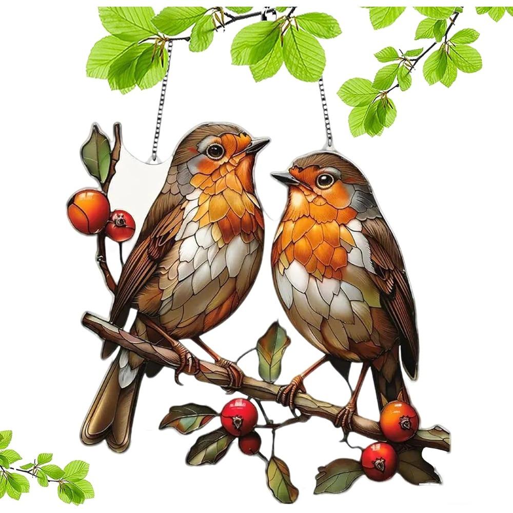Acrylic Stained Glass Birds Suncatcher, Bird Stained Glass Window Hanging with Metal Chain, Indoor Window Suncatcher Decoration