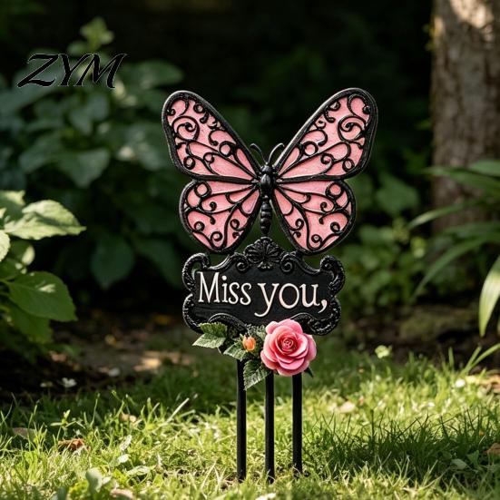 Memorial Garden Stake Butterfly Stake, Miss You Sign, Pink Weather Resistant Yard Art Rose for Lawn Courtyard Cemetery Decoration Commemorative Sign