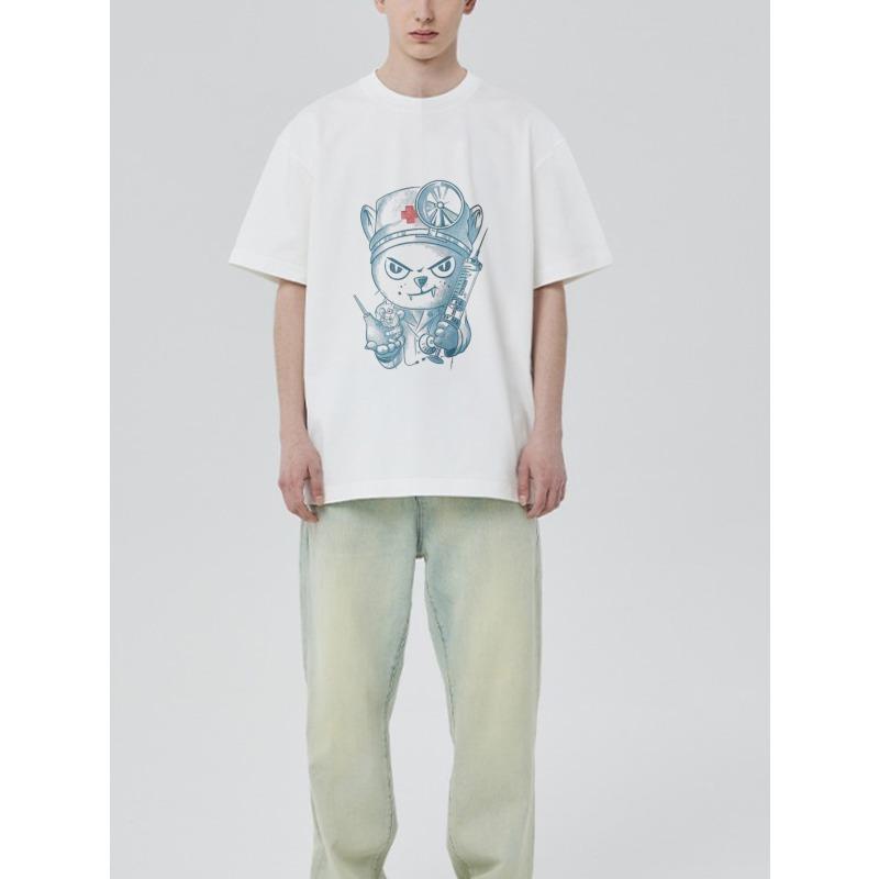 Crewneck T Shirt White Cat Nurse with Syringe and Stethoscope Print Casual Streetwear for Men and Women