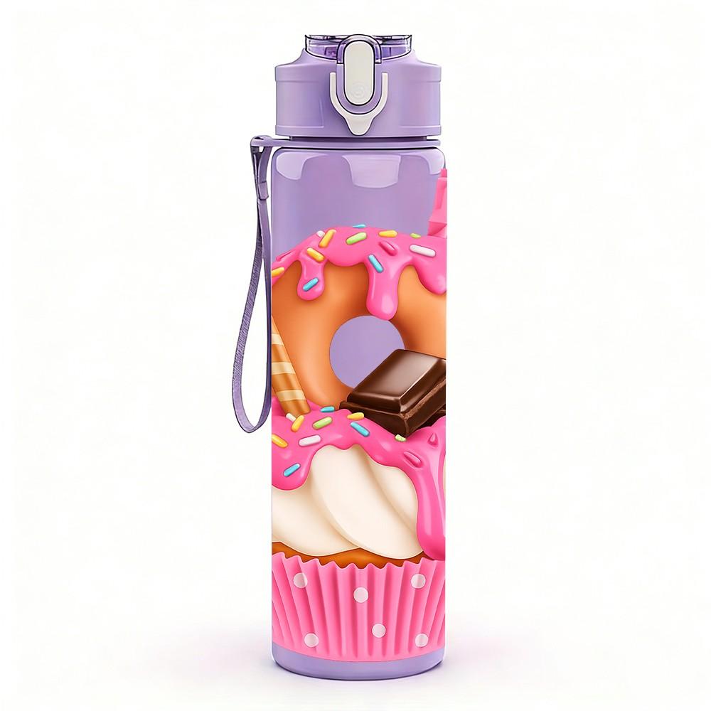 1PC Cupcake Cartoon Pattern 750ml Color Plastic Sports Water Bottle Leakproof Flip Straw Lid Suitable for Sports Office Home Use