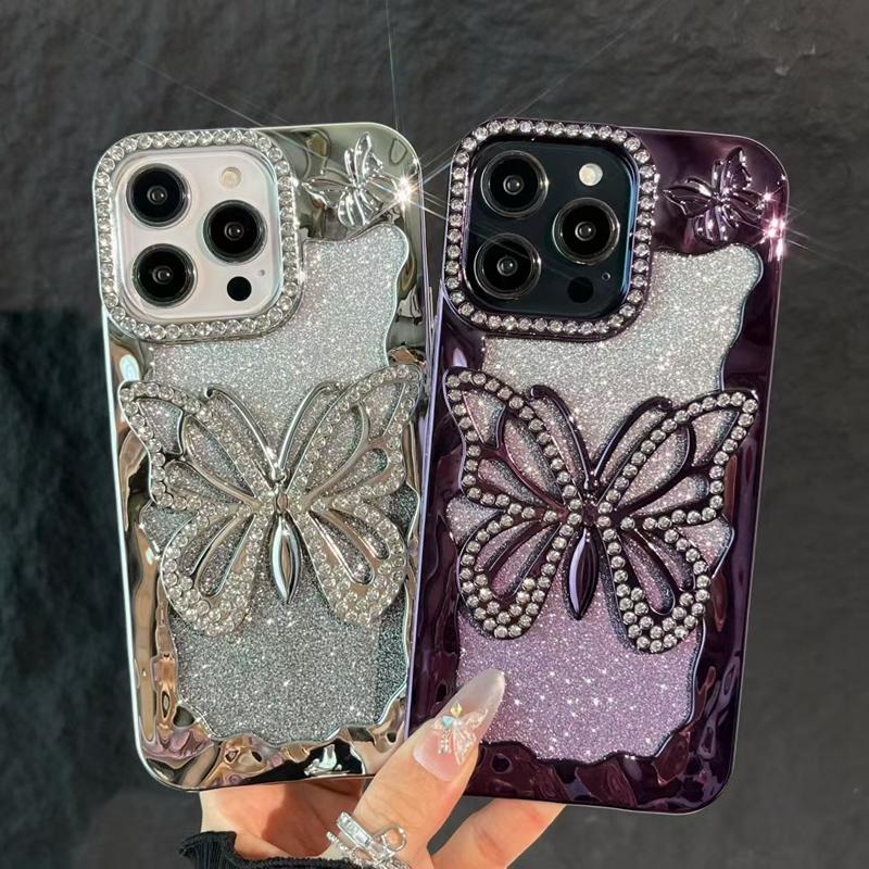 Soft Butterfly Diamond Phone Case For iPhone 11 12 13 14 15 16 17 Pro Max Plus Air Glitter Bumper Back Cases Cover