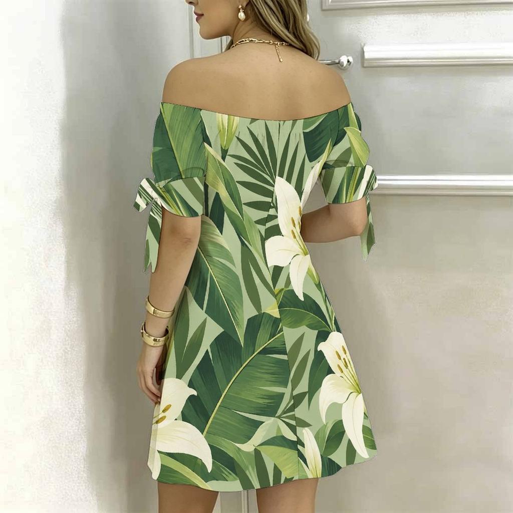 Women Plus Size White Off Shoulder Short Sleeve Floral Printed A Line Dress With Tie Cuff