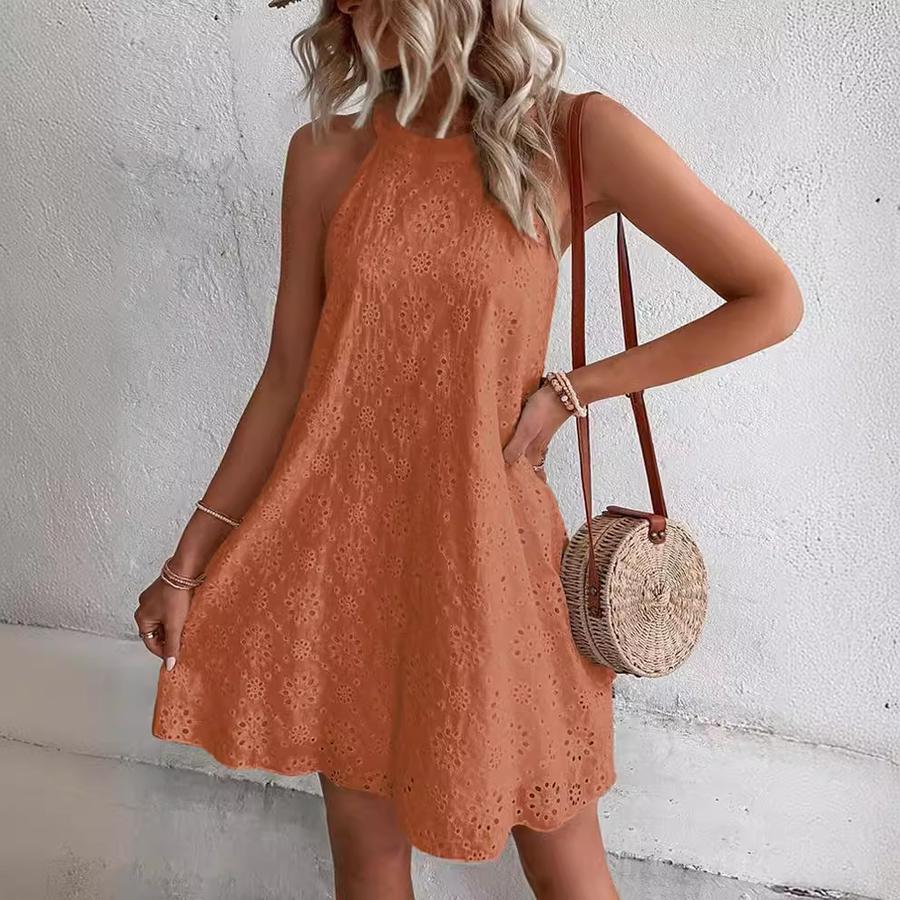 Women's Floral Lace Solid Sleeveless Buttoned V-Neck Dress - Summer New Arrivals