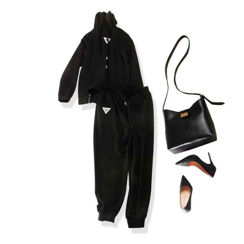 

Tencel Cotton Thick Set Pants Women! Sports Sense Hood Drawstring Pullover Over fit hoodie Outerwear + Radish Pants Black 4XL