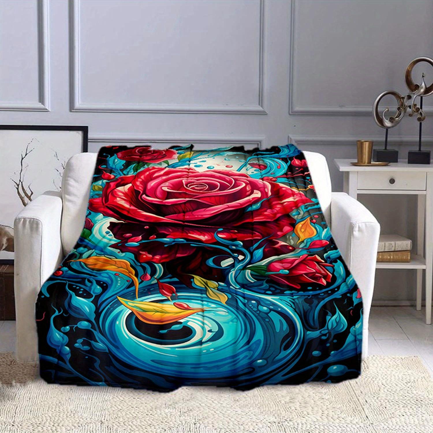 1pc Rose Print Blanket, Flannel Blanket, Soft Warm Throw Blanket Nap Blanket For Couch Sofa Office Bed Camping Travel 130cmx150cm