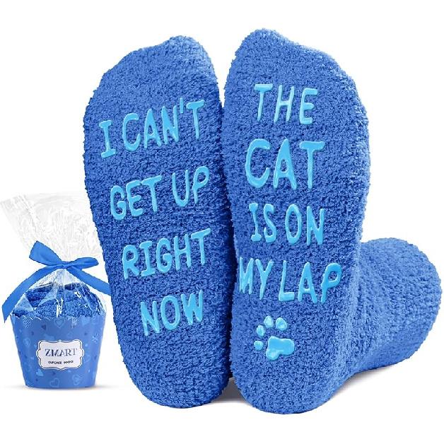 Funny Fuzzy Cat Socks - Novelty Cat Gifts for Kids Girls Boys Aged 7-9 Years Fuzzy Cat Blue