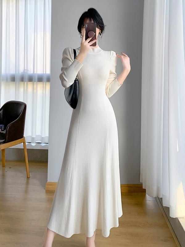 Autumn/Winter Long Wool Over-Knee Knit Dress with Semi-High Neck for Women