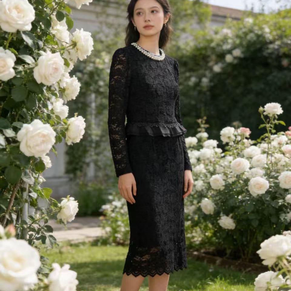 HL94 Elegant Lace Beaded Long Sleeve Spring/Autumn Dress