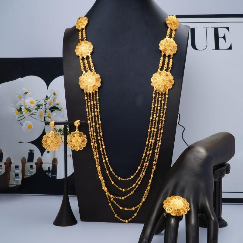 3-Piece Geometric Tassel Long Necklace Earrings Ring Jewelry Set Ladies Wedding Accessories
