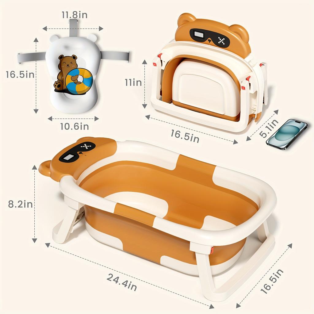 Collapsible Bathtub, Foldable Bathtub With Soft Cushion And Thermometer, Portable Travel Bathtub, Durable Bath Tub With No-Slip Feet