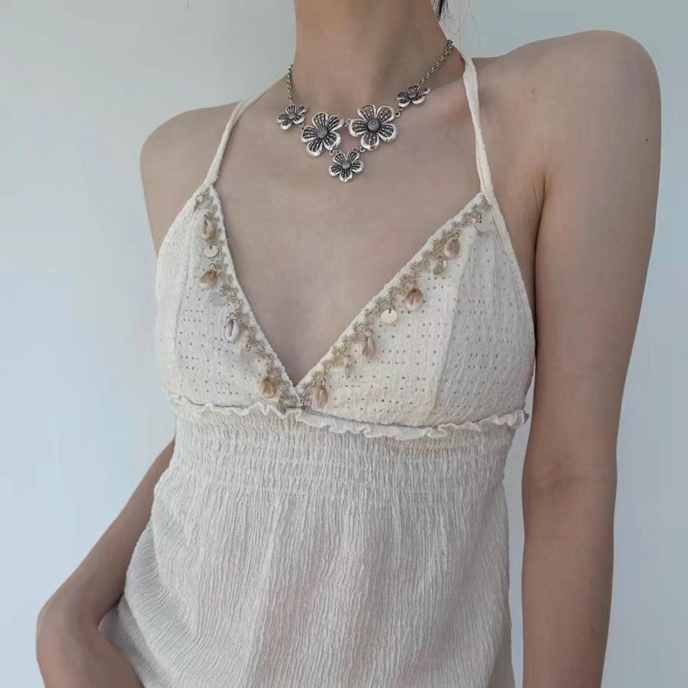 Exquisite Temperament Sliver Color Hollow Out Five Peach Blossom Flowers Necklace for Women Boho Vacation Collar Chain Jewelry