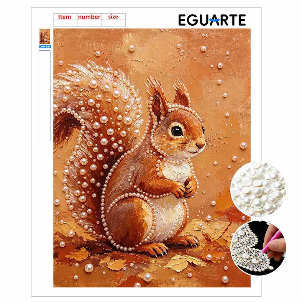 Cute Squirrel Autumn Leaf 5D Pearl Painting Kit with Frame DIY Sparkling Bead Canvas Art Relaxing Craft for Home Wall Room Decor