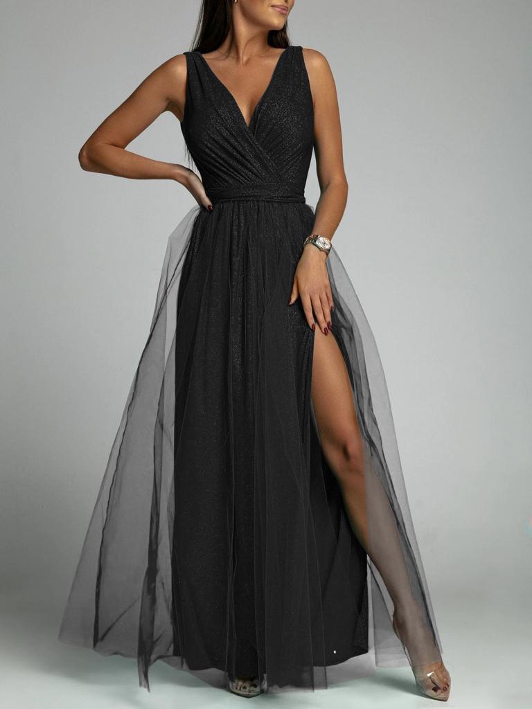 Cross-border 2023 V-Neck Waist-Cinching Sparkling Evening Gown with Slit