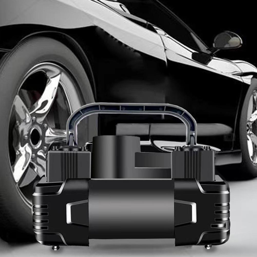 12V Heavy Duty Deluxe Metal Air Compressor Dual Cylinder Car Tire Inflator with Pressure Gauge Auto Inflatable Pump with Light