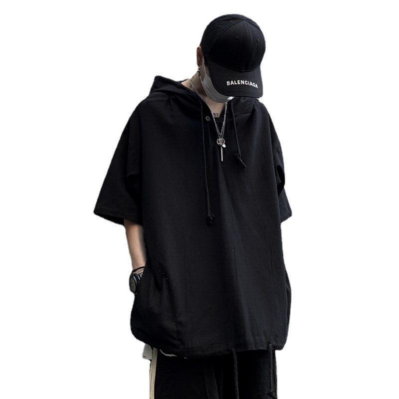 Dark Trendy Oversized Men's Hip-Hop Hooded Short-Sleeve Korean Style T-Shirt