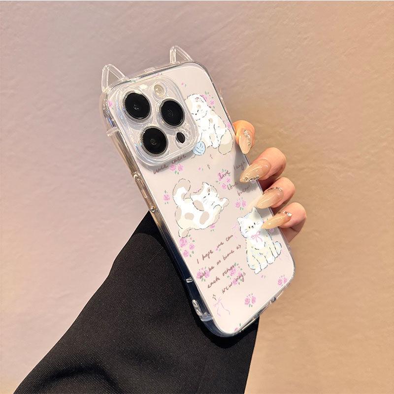 Transparent Rose Pompom Kitten Phone Case with Cat Ears for Apple 13, 14, 15Pro, and 17ProMax