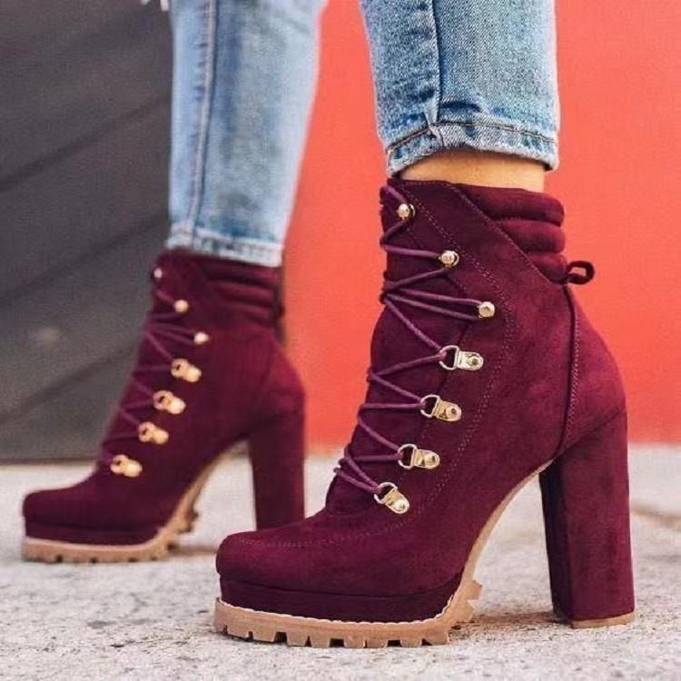 

Large Size Short High Heel Knight Boots Women s Autumn Waterproof Table Lace-Up Suede Martin Boots 43 бордовый