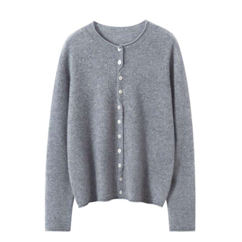 Autumn Winter Women's Solid Cashmere Sweater: Round Neck, Rolled Edge, Slimming Multi-Button Cardigan