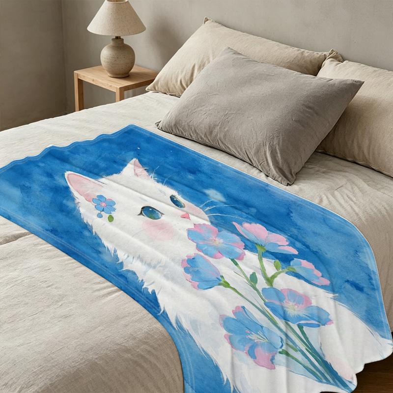 Soft Flannel Throw Blanket Solid Color Cat & Floral Pattern, Cozy Warm Home Throw, Perfect for Halloween & Christmas