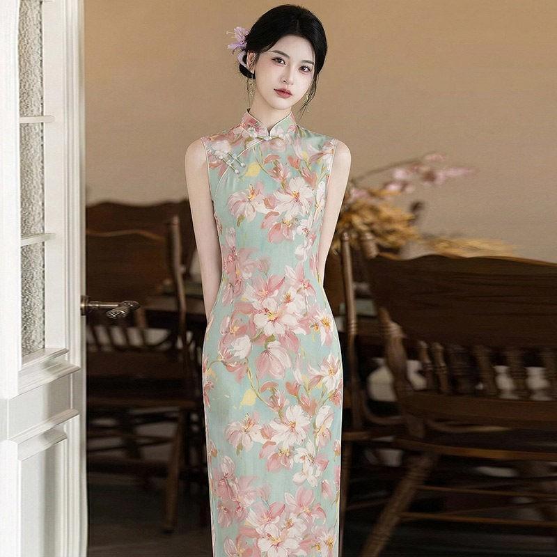 Pink Sleeveless Modern Chinese-Inspired Long Cheongsam Dress Women 2026 Stylish Retro Fit Small